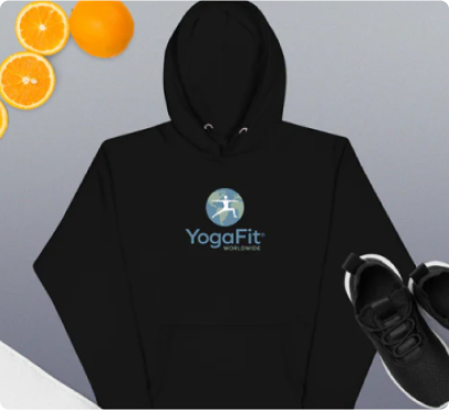 Black YogaFit unisex hoodie with YogaFit Worldwide logo
