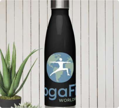 Black YogaFit stainless steel water bottle with YogaFit logo