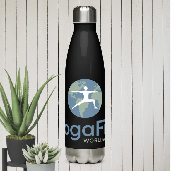 YogaFit stainless steel water bottle with YogaFit Worldwide logo
