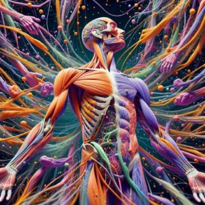 Anatomical illustration of fascia, muscles and connective tissue supporting yoga for fascial health