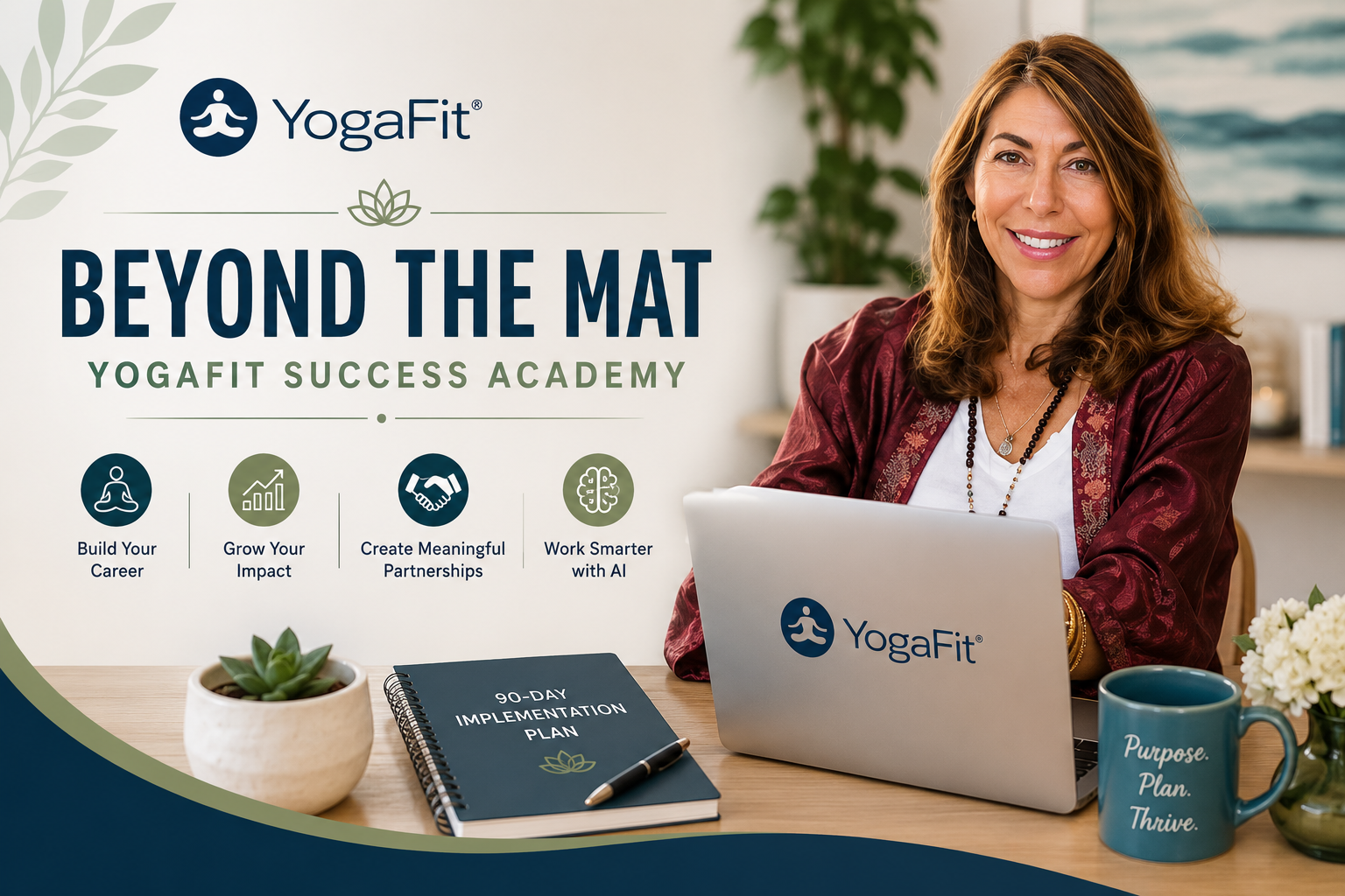Beth Shaw, founder of YogaFit, promoting the Beyond the Mat: YogaFit Success Academy, an eight-week business and career development program for yoga teachers and wellness professionals.