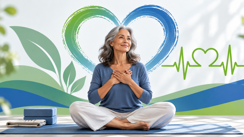 Silver-haired woman enjoying a heart-centered meditation on a yoga mat.