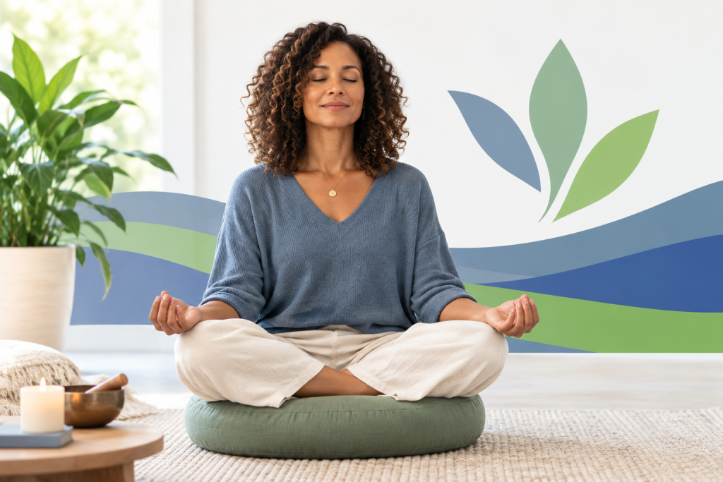 Curly-haired woman meditating on a cushion