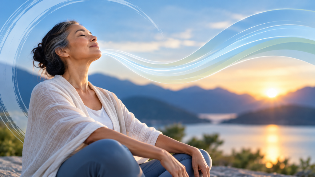 Woman resting peacefully with eyes closed, practicing mindful breathing beside a tranquil lake at sunset, with flowing waves representing breath and life energy.