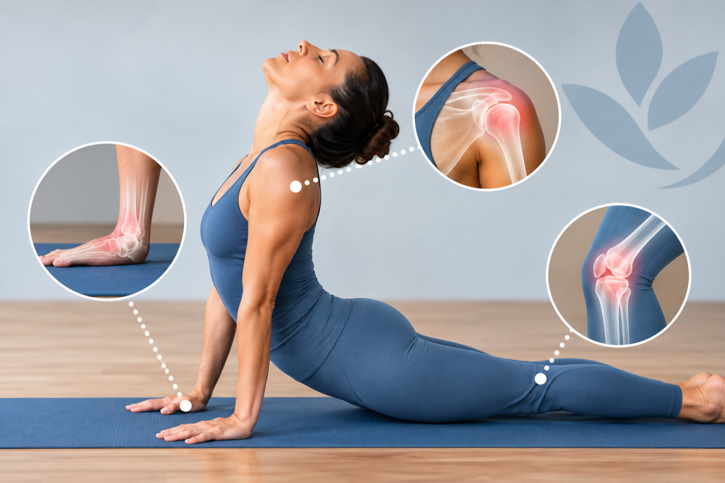Woman in yoga backbend pose on a yoga mat